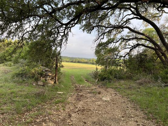 Gravel road leading through a gate into a green field under a cloudy sky