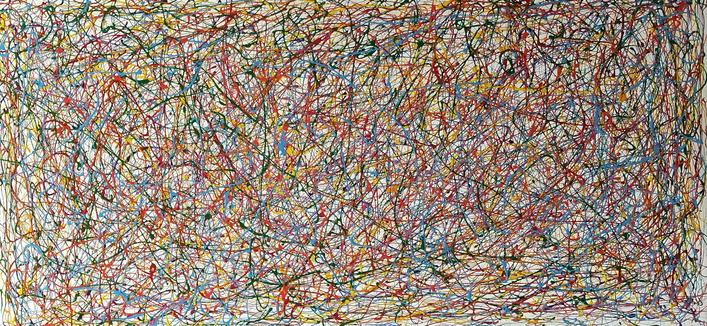 a painting done with swirls of thin paint, on a white background, many different colors tangled together 