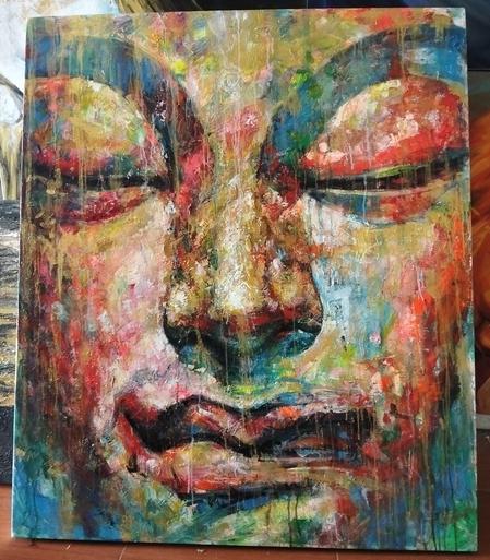 a painting of a face done in soft greens and reds, drip effects coming down, the eyes of the face low in mediation or rest, the painting is a close -up of just the face 