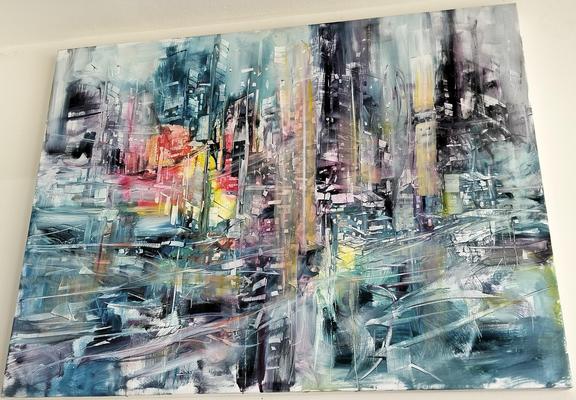 a painting of an abstract crowded cityscape, energy swirling through it at different angles, it is tinted blue mostly with some purple and red and yellow regions 