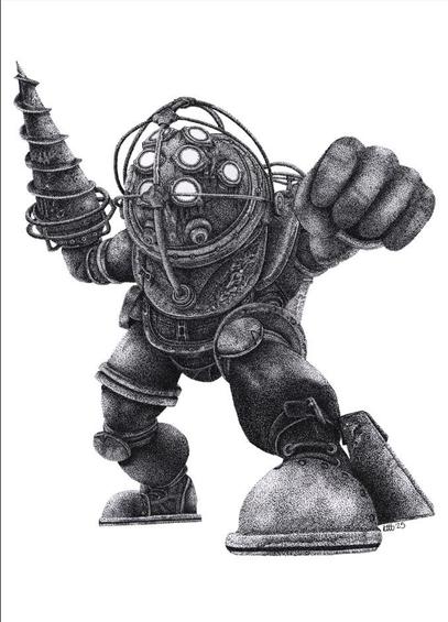 Detailed black and white stippled drawing of a Big Daddy from Bioshock