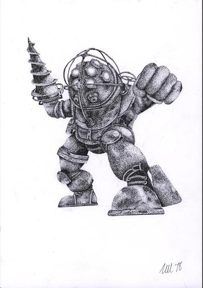 Less detailed and smaller dotwork drawing of a Big Daddy from Bioshock