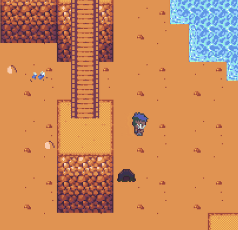 a pixelated person in the style of GBA in a wasteland looking area with some water and trash scattered the area 