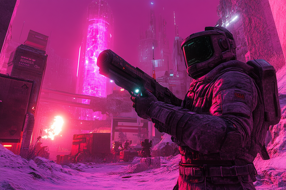 A man in a futuristic astronaut suit holding a high-tech gun stands in a vibrant purple virtual world, surrounded by a neon-lit, cyberpunk environment.