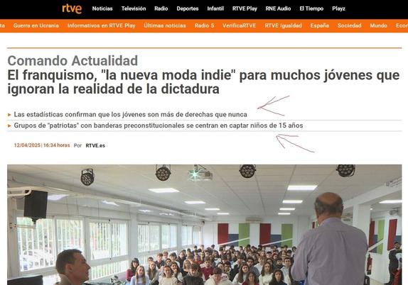 El franquismo, "la nueva moda indie" para muchos jóvenes que ignoran la realidad de la dictadura, via RTVE. Aparte de que se obvia por enésima vez que esto se da en su mayoría en varones, esto es consecuencia de una larga cadena de hechos a lo largo de las décadas, empezando por haber optado por una Transición flojita y continuista, con Monarquía impuesta incluida.