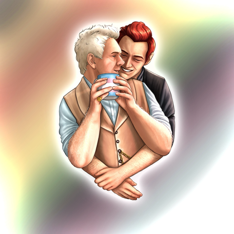 A digital drawing of Aziraphale holding a mug with a trans flag, looking over his shoulder at Crowley who hugs him tenderly from behind. 
