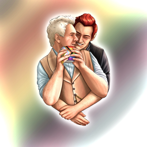 A digital drawing of Aziraphale holding a mug with a progressive pride flag, looking over his shoulder at Crowley who hugs him tenderly from behind. 