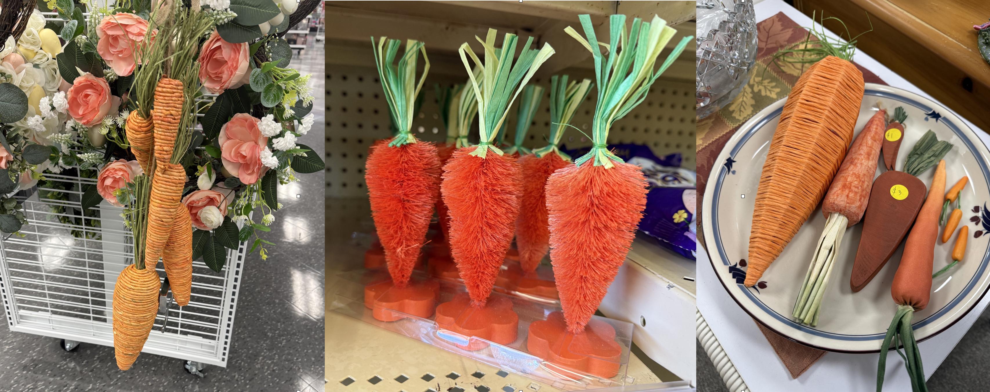 A collage of three images showcasing various artificial carrot decorations. The first image shows a bundle of three large, orange, twine-wrapped carrots hanging in front of a floral wreath with pink and white roses. The second image features several fuzzy, bristle-textured carrots with green paper tops displayed on a store shelf. The third image displays a plate with an assortment of fake carrots made from different materials such as wood, cloth, and raffia, each priced with small yellow stickers. A collage of three images showcasing various artificial carrot decorations. The first image shows a bundle of three large, orange, twine-wrapped carrots hanging in front of a floral wreath with pink and white roses. The second image features several fuzzy, bristle-textured carrots with green paper tops displayed on a store shelf. The third image displays a plate with an assortment of fake carrots made from different materials such as wood, cloth, and raffia, each priced with small yellow stickers.