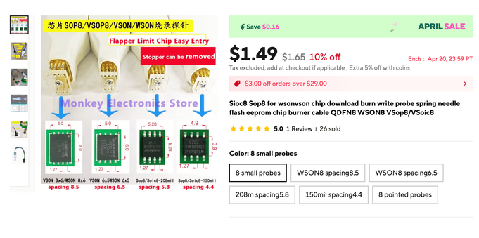 screenshot of an Aliexpress page for a SOP8 pogo-pin flash chip programmer cable