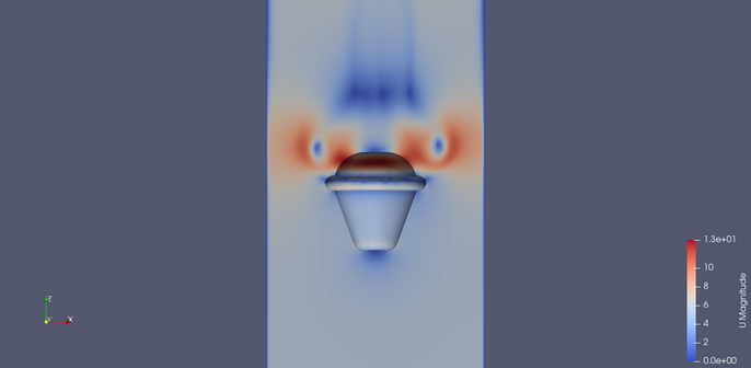 A screenshot of a simulation. A balloon shaped parachute model is descending in a grey box with red and blue areas showing the air velocity. 