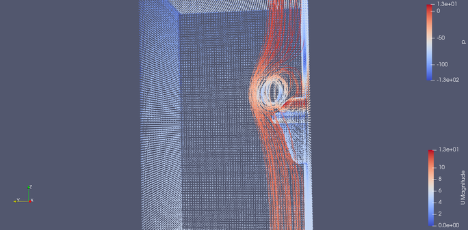 A point cloud view with lots of "steam chaser" lines showing the speed and direction of air flow over the ballute style parachute. 