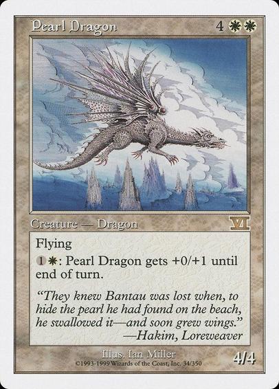 Card Name: Pearl Dragon
Set: Classic Sixth Edition
Description: Flying
{1}{W}: This creature gets +0/+1 until end of turn.
Artist: Ian Miller