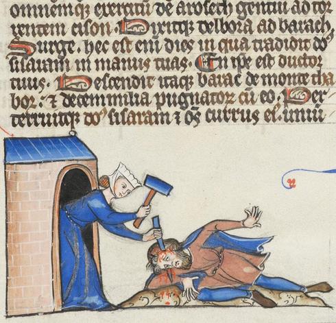 Hammertime (Jael and Sisera). Biblia porta, France c. 1290. Lausanne, Bibliothèque cantonale et universitaire de Lausanne, U 964, fol. 76v.
#medieval #MedievalArt