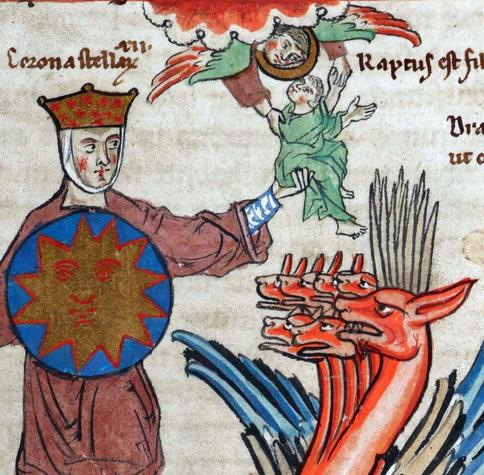 The #Dragon and the Woman clothed with the Sun. Alexander Minorita, Expositio in Apocalypsim, Germany 1249-1250. Cambridge University Library, MS Mm.5.31, fol. 76r.
#medieval #MedievalArt