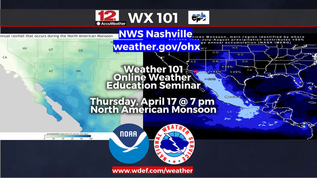Next #Weather101 public #weathereducation webinar from @NWSNashville will be 7 PM CDT Thursday. Topic: the North American Monsoon season. 

Details and registration: https://www.weather.gov/ohx/weather101 