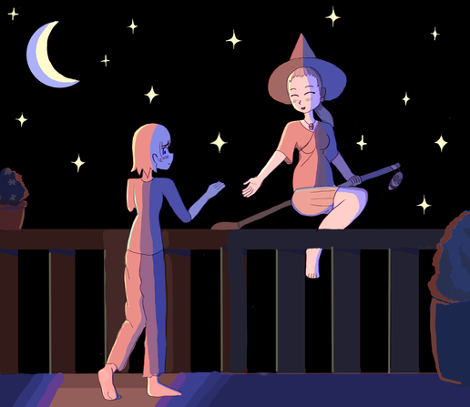 Digital painting of a girl extending a hand towards a girl standing up in a balcony