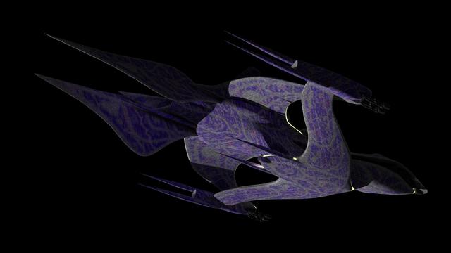 A fan-made 3D model of the White Star spaceship from Babylon 5. A sleek, organic ship with an animalistic shape resembling a bird or shark, it has smooth gray skin covered in mottled purple patterns with patches of blue, red, green, and gold flakes. Seen from below, a a large undercarriage connects the various sections of the ship. 