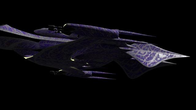 A fan-made 3D model of the White Star spaceship from Babylon 5. A sleek, organic ship with an animalistic shape resembling a bird or shark, it has smooth gray skin covered in mottled purple patterns with patches of blue, red, green, and gold flakes. Seen from below, a a large undercarriage connects the various sections of the ship. 