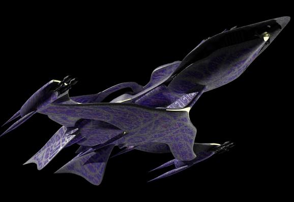 A fan-made 3D model of the White Star spaceship from Babylon 5. A sleek, organic ship with an animalistic shape resembling a bird or shark, it has smooth gray skin covered in mottled purple patterns with patches of blue, red, green, and gold flakes. Seen from below, a a large undercarriage connects the various sections of the ship. 