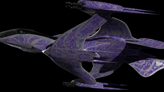 A fan-made 3D model of the White Star spaceship from Babylon 5. A sleek, organic ship with an animalistic shape resembling a bird or shark, it has smooth gray skin covered in mottled purple patterns with patches of blue, red, green, and gold flakes. Seen from below, a a large undercarriage connects the various sections of the ship. 