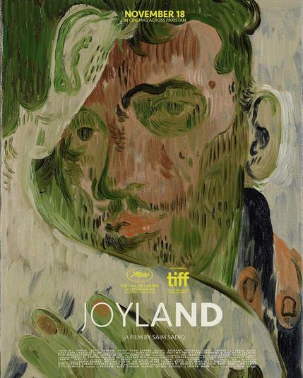 Affiche pakistanaise peinte du film "Joyland". Le protagoniste regarde le spectateur derrière épaule et une nuque