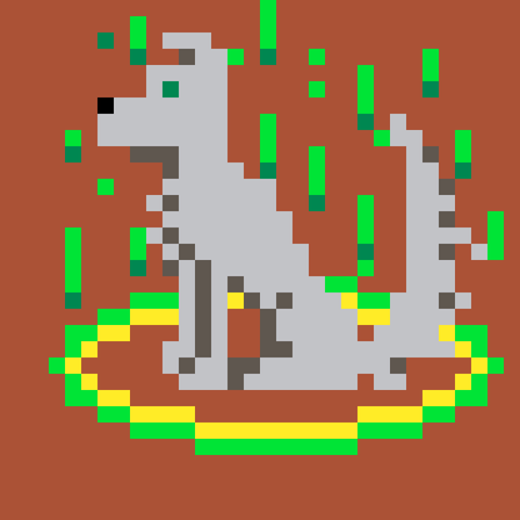 Pixel art of a light grey mutt with green eyes sitting in profile. On the ground around the dog is a green and yellow glowing ring with green lights rising from it.