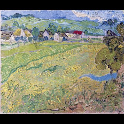 The artwork depicts a serene rural landscape. In the foreground, there are lush green fields that stretch towards distant hills. Buildings with red roofs can be seen under a clear blue sky, suggesting it might be summer or early autumn. The painting style is characteristic of Vincent Van Gogh’s work, known for its post-impressionist elements and bold use of color.