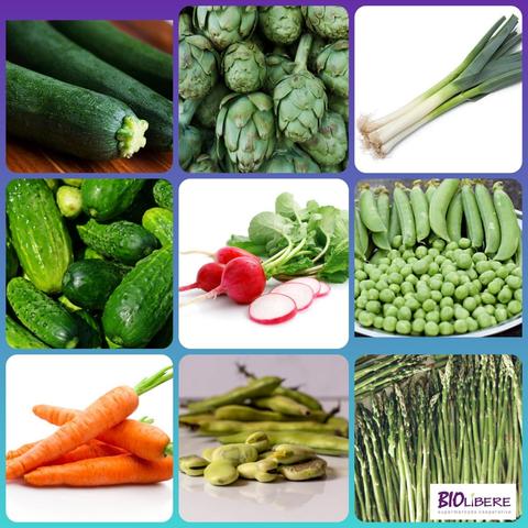 Collage de verduras de temporada en mayo. Calabacines, alcachofas, puerros, pepinos, rabanitos, guisantes, zanahorias, habas frescas, espárragos trigueros... 
Todos disponibles en Biolíbere supermercado Cooperativo. Rosa de Luxemburgo, 5 Getafe  biolibere.es