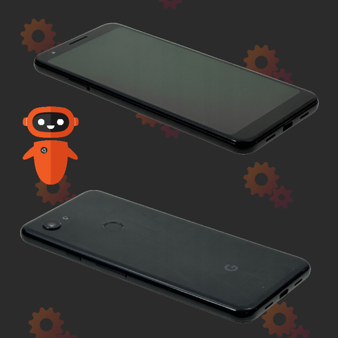 Smartfon Google Pixel 3a pokazany od frontu oraz od spodu. Obok smartfona widoczne jest logo UBPorts.