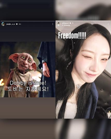 instagram story screenshots of ex loona members yeojin & haseul. yeojin shared a picture of the elf from harry potter and the caption 'Dobby is free! 도비는 자유예요!'. haseul shared a selfie clip winking, with the added caption 'Freedom!!!!!'.