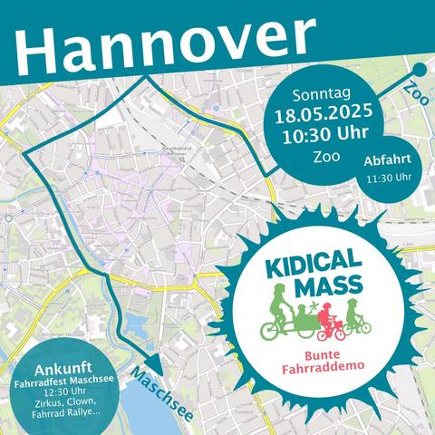 Streckenkarte der KidicalMass Hannover am 18.05.25, Startpunkt: Zoo Hannover Ziel: Maschsee