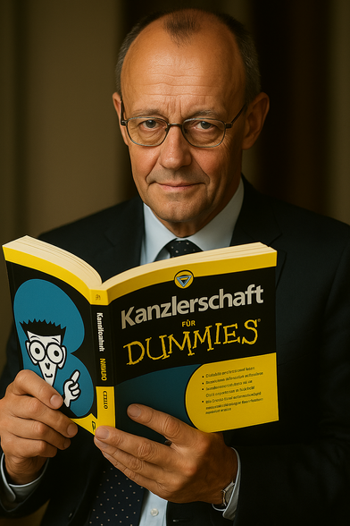 KI-Bild von Friedrich Merz, der ein Buch "Kanzlerschaft für Dummies" liest.