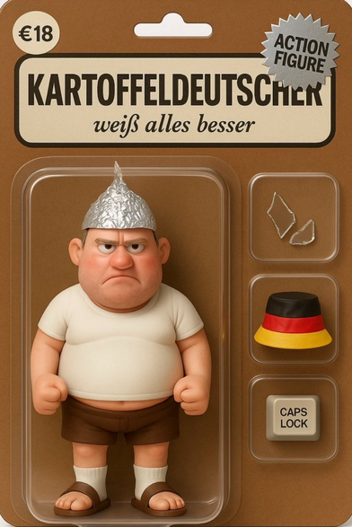 Actionfigure eines ‚typischen deutschen Wutbürgers‘, übergewichtig, böse schauend, mit Aluhut, Sandalen und weißen Socken. Als Zubehör sind Scherben (wieso?), Deutschlandhut und die Caps- Lock Taste dabei.
