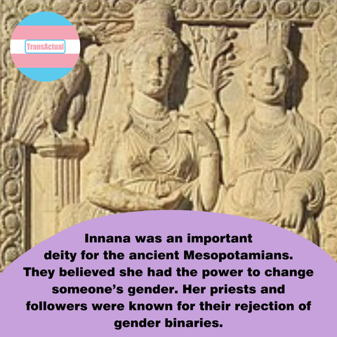 A carving of Innana, who wears a headpiece and a dress. A similarly dressed person is next to her. Text says: Innana was an important deity for the ancient Mesopotamians. They believed she could change someone’s gender. Her priests and followers were known for their rejection of gender binaries.