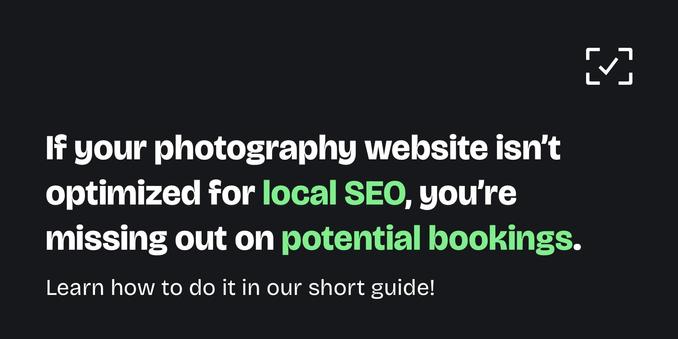 A graphic with light text on dark background: "If your photography website isn’t optimized for local SEO, you’re missing out on potential bookings." and underneath, smaller: "Learn how to do it in our short guide!". Our picu logo is visible on the top right.