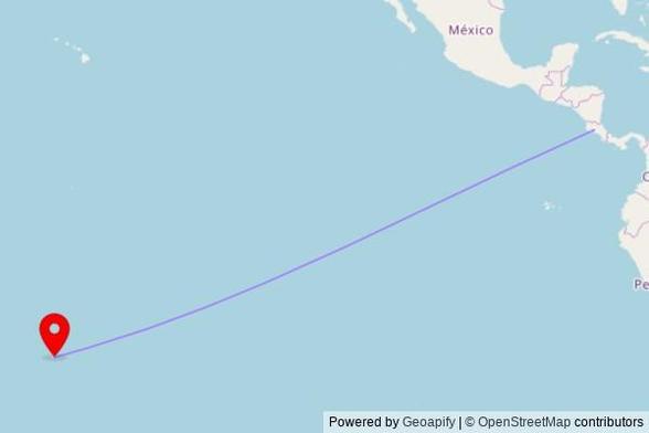 A map showing the great circle route from San Mateo in Costa Rica to a map pin at Celebration Church, Ara Tapu, Avarua, Cook Islands