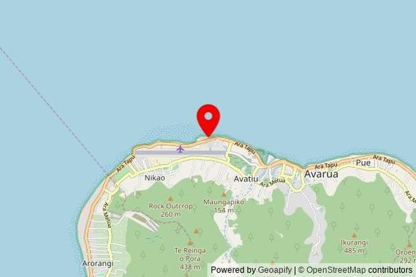 A partially zoomed out map with a pin at the position of Celebration Church, Ara Tapu, Avarua, Cook Islands