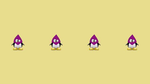 Se ve el pingüino de linux (tux) con una capucha de nazareno morada. 
