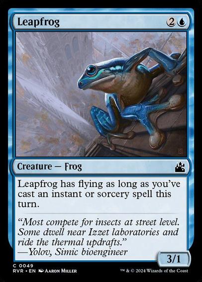 Card Name: Leapfrog
Set: Ravnica Remastered
Description: This creature has flying as long as you've cast an instant or sorcery spell this turn.
Artist: Aaron Miller