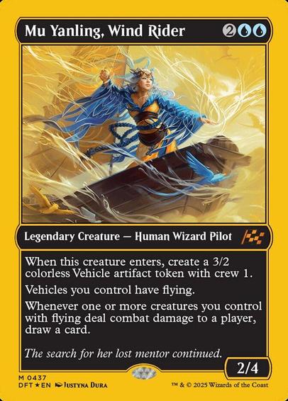Card Name: Mu Yanling, Wind Rider
Set: Aetherdrift
Description: When this creature enters, create a 3/2 colorless Vehicle artifact token with crew 1.
Vehicles you control have flying.
Whenever one or more creatures you control with flying deal combat damage to a player, draw a card.
Artist: Justyna Dura