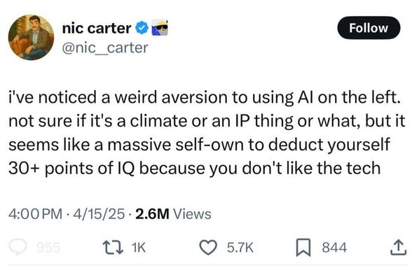nic carter 
@nic_carter

i've noticed a weird aversion to using Al on the left.
not sure if it's a climate or an IP thing or what, but it
seems like a massive self-own to deduct yourself
30+ points of IQ because you don't like the tech
4:00 PM • 4/15/25 