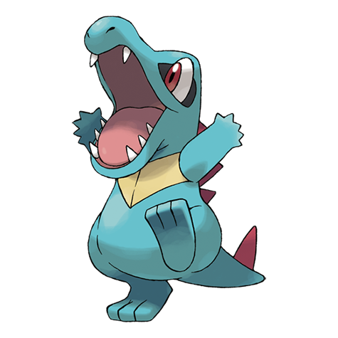 A small cartoon aquamarine crocodile on its hind legs. Aka Totodile 