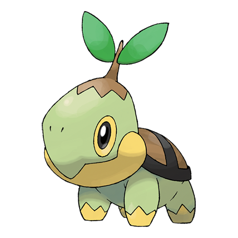 A small cartoon turtle with a sprout growing from its head aka Turtwig