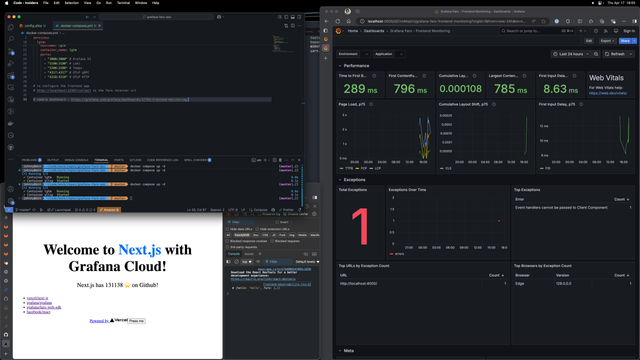 A screenshot of 3 open windows: one with a docker compose file with Grafana Alloy and LGTM containers; one with a sample Next.js app using the Grafana Faro Web SDK; a final one with a Grafana dashboard for the signals collected in the sample app