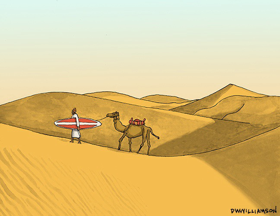 Desert nomad with camel and surfboard 
