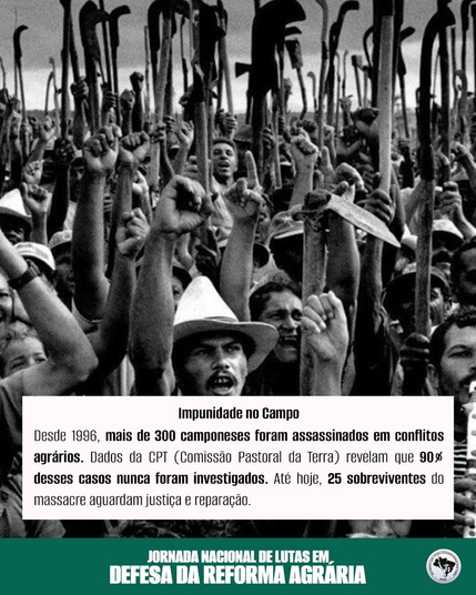 🌍#17April #PeasantStruggles ✊🏽 𝐁𝐫𝐚𝐳𝐢𝐥 | 𝐒𝐭𝐫𝐮𝐠𝐠𝐥𝐞 𝐟𝐨𝐫 𝐀𝐠𝐫𝐚𝐫𝐢𝐚𝐧 𝐑𝐞𝐟𝐨𝐫𝐦 🌾 𝟐𝟗 𝐘𝐞𝐚𝐫𝐬 𝐚𝐟𝐭𝐞𝐫 𝐭𝐡𝐞 𝐄𝐥𝐝𝐨𝐫𝐚𝐝𝐨 𝐝𝐨 𝐂𝐚𝐫𝐚𝐣𝐚́𝐬 𝐌𝐚𝐬𝐬𝐚𝐜𝐫𝐞: https://viacampesina.org/en/2025/04/brazil-the-struggle-for-agrarian-reform-29-years-after-the-eldorado-do-carajas-massacre  🌍#17Abril #LuchasCampesinas ✊🏽 𝐁𝐫𝐚𝐬𝐢𝐥 | 𝐋𝐮𝐜𝐡𝐚 𝐩𝐨𝐫 𝐥𝐚 𝐭𝐢𝐞𝐫𝐫𝐚  🌾 𝟐𝟗 𝐚𝐧̃𝐨𝐬 𝐝𝐞𝐬𝐩𝐮𝐞́𝐬 𝐝𝐞 𝐥𝐚 𝐦𝐚𝐬𝐚𝐜𝐫𝐞 𝐝𝐞 𝐄𝐥𝐝𝐨𝐫𝐚𝐝𝐨 𝐝𝐨 𝐂𝐚𝐫𝐚𝐣𝐚́𝐬: https://viacampesina.org/es/la-lucha-por-la-tierra-en-brasil-29-anos-despues-de-la-masacre-de-eldorado-do-carajas  🌍#17Avril #LuttesPaysannes ✊🏽 𝐁𝐫𝐞́𝐬𝐢𝐥 | 𝐋𝐮𝐭𝐭𝐞 𝐩𝐨𝐮𝐫 𝐥𝐚 𝐭𝐞𝐫𝐫𝐞 🌾 𝟐𝟗 𝐚𝐧𝐬 𝐚𝐩𝐫è𝐬 𝐥𝐞 𝐦𝐚𝐬𝐬𝐚𝐜𝐫𝐞 𝐝’𝐄𝐥𝐝𝐨𝐫𝐚𝐝𝐨 𝐝𝐨 𝐂𝐚𝐫𝐚𝐣𝐚́𝐬: https://viacampesina.org/fr/la-lutte-pour-la-terre-au-bresil-29-ans-apres-le-massacre-deldorado-do-carajas