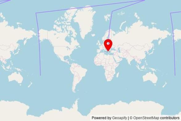 A map showing the great circle route from Avarua in the Cook Islands to a map pin at Μητροπολιτικός Ναός Αγίου Δημητρίου, Νικολάου Σκουφά, 471 00 Arta, Greece