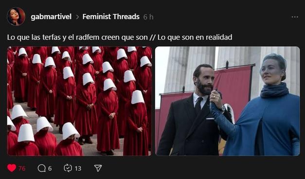 Una comparación con dos imágenes de la serie el Cuento de la Criada, en el que una usuaria compara, poniendo a las terfas, creyéndose las mujeres oprimidas, cuando en realidad son las elitistas opresoras.