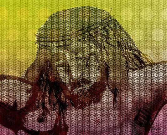 Trust In Your Faith by Joan Stratton - paintingsbyjoan.com

Easter, Good Friday.

The Lord is my shepherd; I shall not want.

A representation of Jesus Christ wearing a crown of thorns is portrayed against a gradient background of yellow and pink hues. The image is constructed with a pattern that resembles chainmail, adding texture and depth.

Ether Art – A hand-drawn drawing / painting using the exciting modern art form, where art is created from scratch using a computer in lieu of a real canvas and paint, water colour, pastel, pencil, charcoal etc I create digital art from the ether, exactly the same as if I was starting with a blank canvas.

