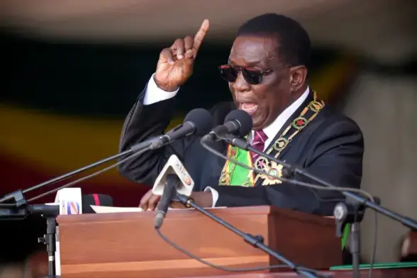 Zimbabwe's President Emmerson Mnangagwa delivers a speech during his inauguration ceremony at the National Sports Stadium in the capital Harare, on Monday, September 4, 2023 [Tsvangirayi Mukwazhi/AP]
